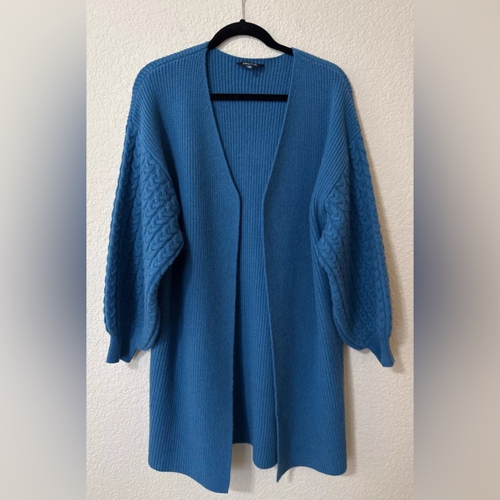 MISOOK Blue Cardigan Jacket Sweater Duster Sz M Open Front Bishop Cable Knit Slv